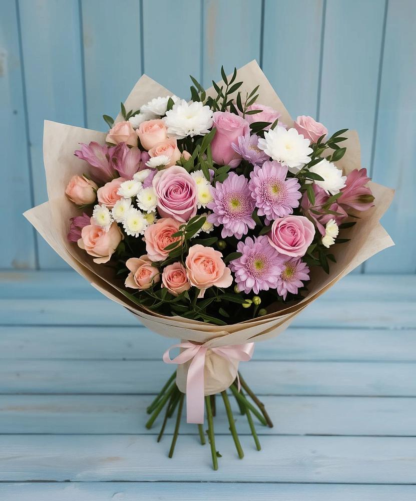 Букет цветов из: Хризантемы, Розы и Альстромерии в Кырене