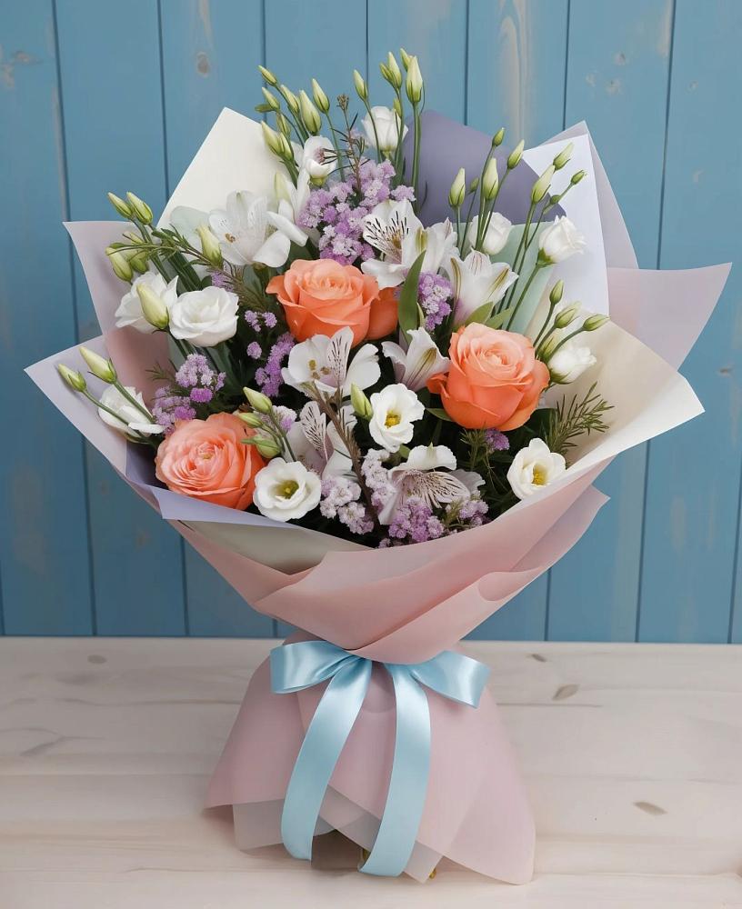 Букет цветов из: Лизиантусы, Розы, Альстромерии и Гипсофила в Кырене