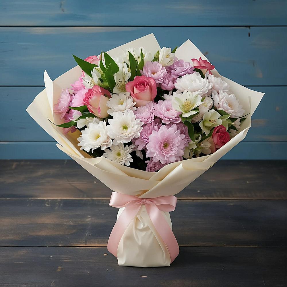 Букет цветов из: Хризантемы, Альстромерии и Розы в Кырене